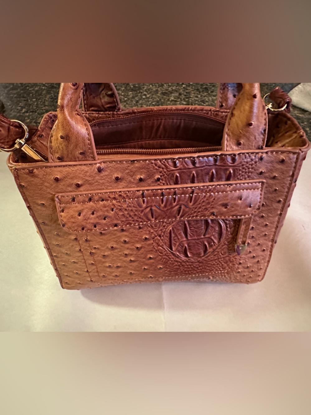 Brown Womens Faux-Ostrich Leather Satchel